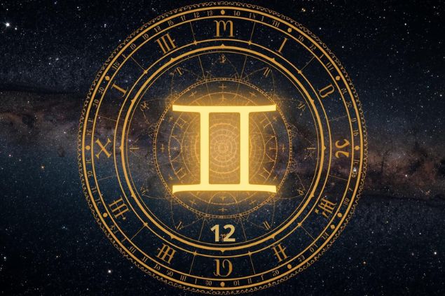 Imagem do glifo de gêmeos com o número 12 no centro de uma mandala astrológica com fundo do universo.