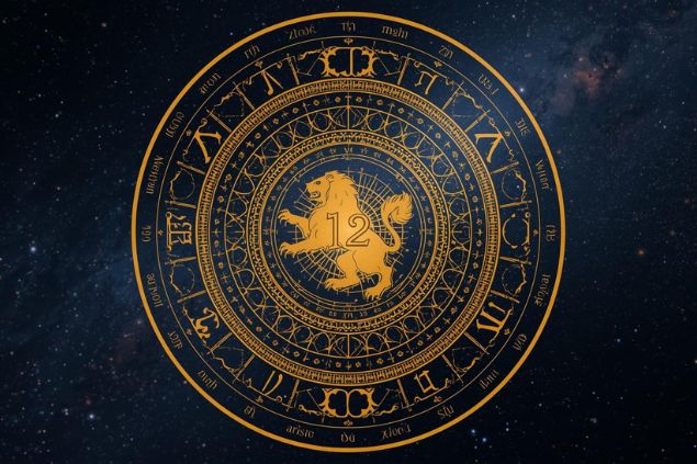 Imagem do glifo de leão com o número 12 no centro de uma mandala astrológica com fundo do universo.