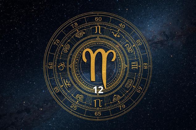 Imagem do glifo de virgem com o número 12 no centro de uma mandala astrológica com fundo do universo.