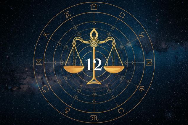 Imagem do glifo de libra junto com o número 12 no centro de uma mandala astrológica com fundo do universo.