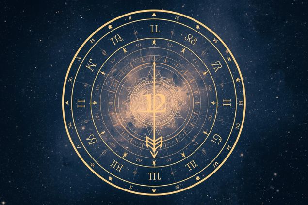 Imagem do glifo de Sagitário com o número 12 no centro de uma mandala astrológica com fundo do universo.