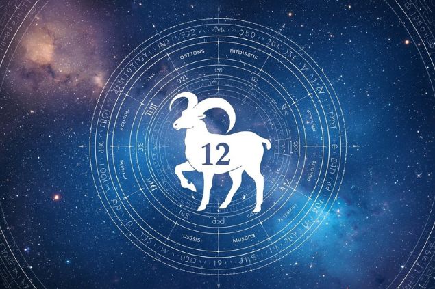 Imagem do glifo de Capricórnio com o número 12 no centro de uma mandala astrológica com fundo do universo.