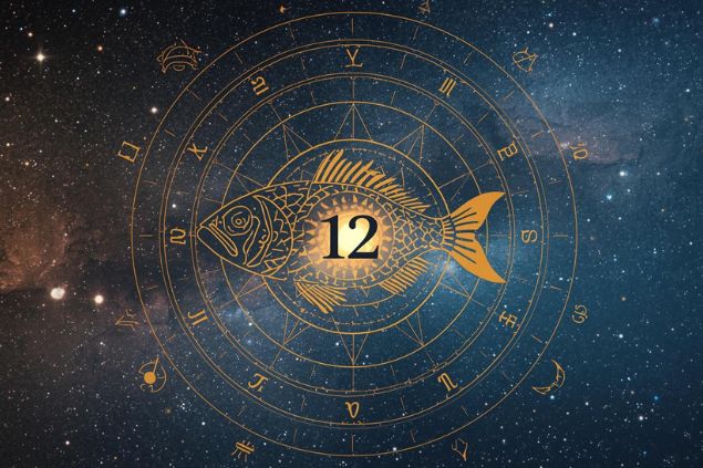 Imagem do glifo de peixes com o número 12 no centro de uma mandala astrológica com fundo do universo.