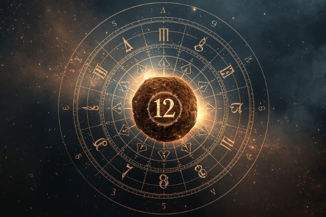 Imagem de Quíron que é um asteroide em uma mandala astrológica com o número 12 no centro.