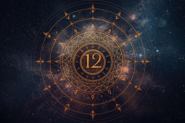 Imagem de Lilith em uma mandala astrológica com o número 12 no centro e ao fundo, o universo.