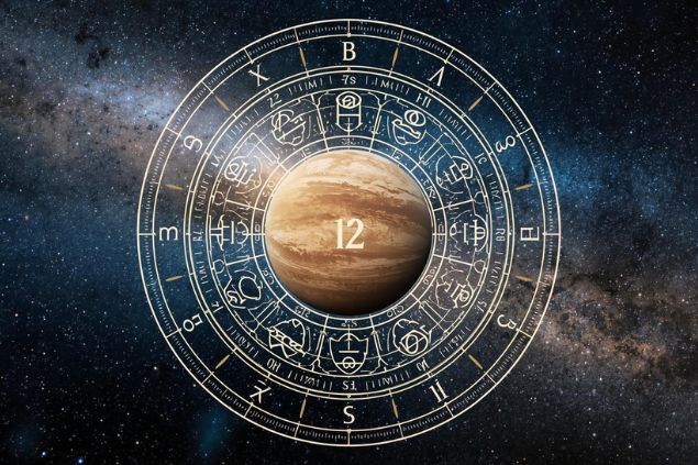 Imagem de Plutão em uma mandala astrológica com o número 12 no centro e ao fundo, o universo.