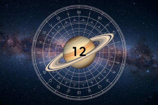 Imagem de Saturno em uma mandala astrológica com o número 12 no centro e ao fundo, o universo.