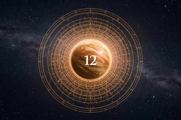 Imagem de Urano em uma mandala astrológica com o número 12 no centro e ao fundo, o universo.