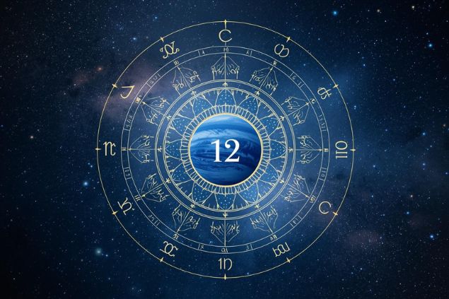 Imagem de Netuno em uma mandala astrológica com o número 12 no centro e ao fundo, o universo.