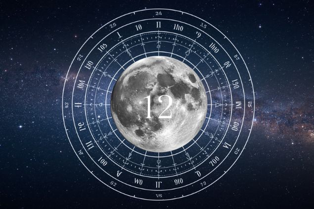 Imagem da Lua dentro de uma mandala astrológica com o número 12 no centro e ao fundo, o universo.