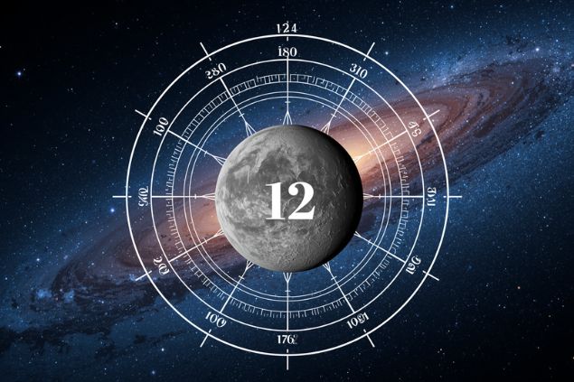 Imagem do planeta mercúrio dentro de uma mandala astrológica com o número 12 no centro e ao fundo, o universo.