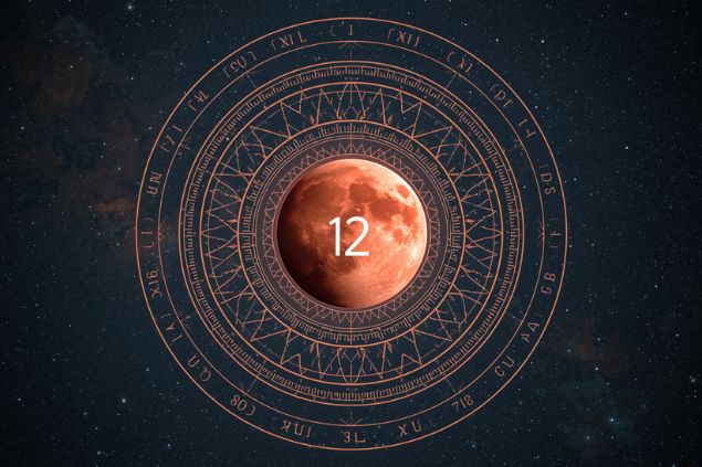 Imagem do planeta vênus dentro de uma mandala astrológica com o número 12 no centro e ao fundo, o universo.
