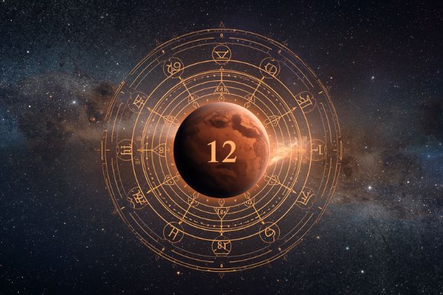 Imagem do planeta Marte dentro de uma mandala astrológica com o número 12 no centro e ao fundo, o universo.