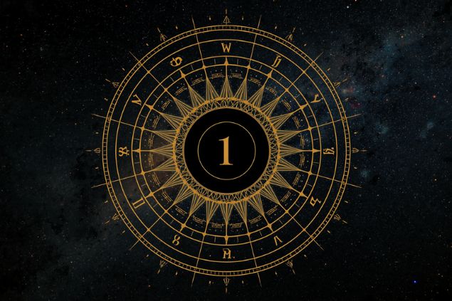 Imagem de Lilith ou a Lua Negra dentro de uma mandala astrológica com o número 1 no centro e ao fundo o universo com as estrelas.