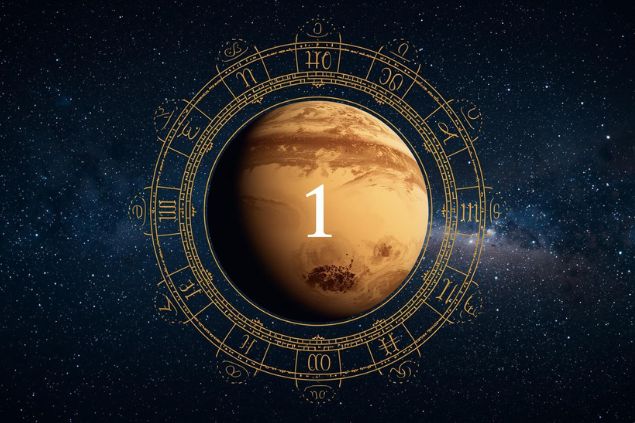 Imagem do planeta plutão dentro de uma mandala astrológica com o número 1 no centro e ao fundo o universo com as estrelas.