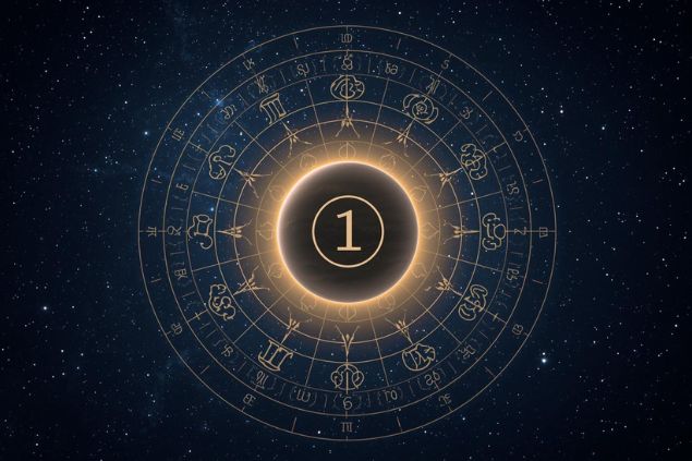 Imagem do planeta urano dentro de uma mandala astrológica com o número 1 no centro e ao fundo o universo com as estrelas.