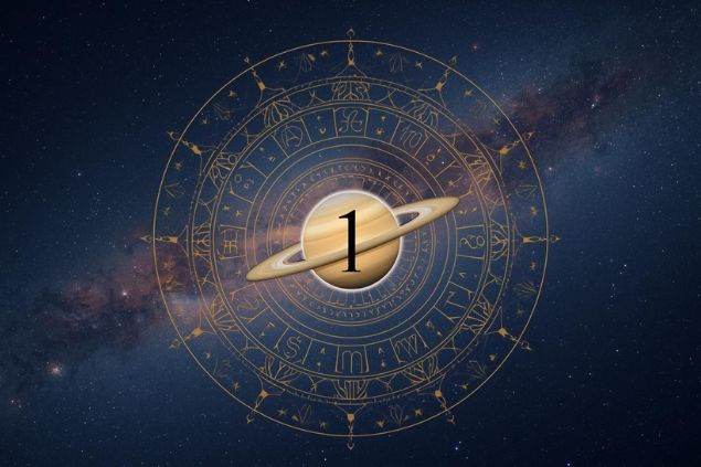 Imagem do planeta Saturno dentro de uma mandala astrológica com o número 1 no centro e ao fundo o universo com as estrelas.