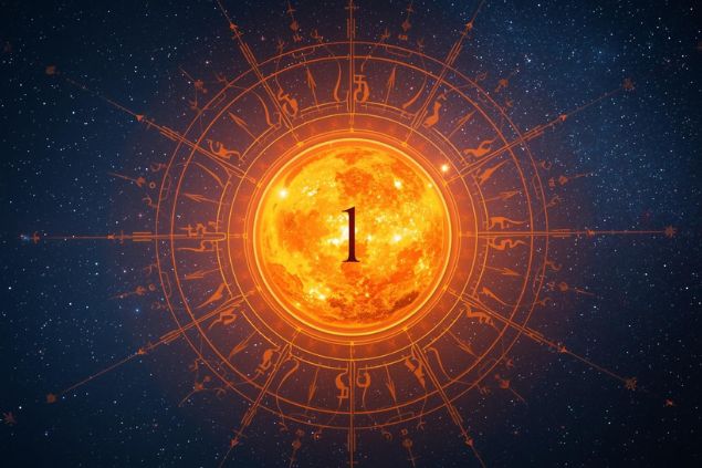 Imagem do Sol dentro de uma mandala astrológica com o número 1 no centro e ao fundo o universo com as estrelas.