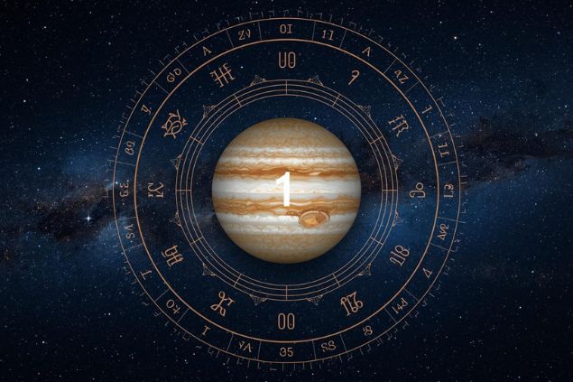 Imagem do planeta Júpiter dentro de uma mandala astrológica com o número 1 no centro e ao fundo o universo com as estrelas.