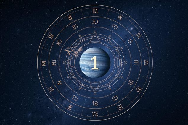 Imagem do planeta Netuno dentro de uma mandala astrológica com o número 1 no centro e ao fundo o universo com as estrelas.