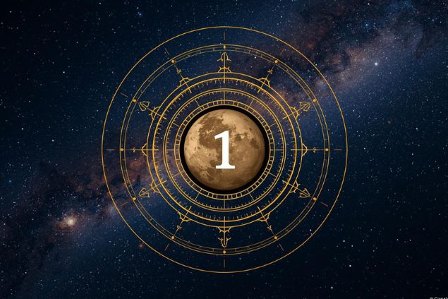 Imagem do planeta Mercúrio dentro de uma mandala astrológica com o número 1 no centro e ao fundo o universo com as estrelas.