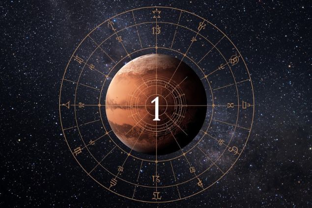 Imagem do planeta Marte dentro de uma mandala astrológica com o número 1 no centro e ao fundo o universo com as estrelas.