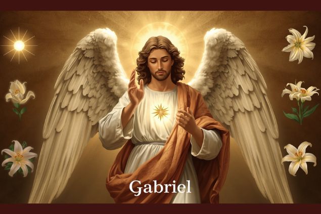 Imagem do arcanjo Gabriel e os seus simbolos como a luz, a anunciação e os lírios.