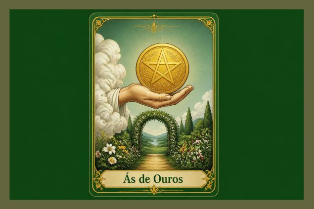 Imagem da carta do Ás de Ouros com uma mão que surge entre as nuvens e segura uma moeda dourada. Ao fundo, um jardim e um caminho que conduz a uma paisagem mais distante que simbolizam ideia de crescimento, desenvolvimento e continuidade.