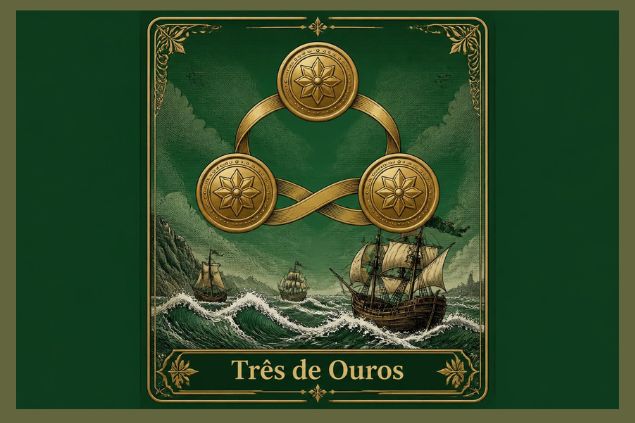 Imagem da carta do Três de Ouros. Os elementos de três moedas são conectados por uma faixa. Ao fundo, o mar aparece com ondas agitadas e 3 barcos sobre elas.