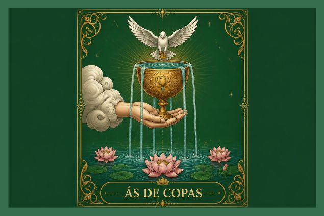 Imagem da carta do Ás de Copas. Os elementos apresentam uma mão que surge de uma nuvem e segura uma taça ornamentada. 