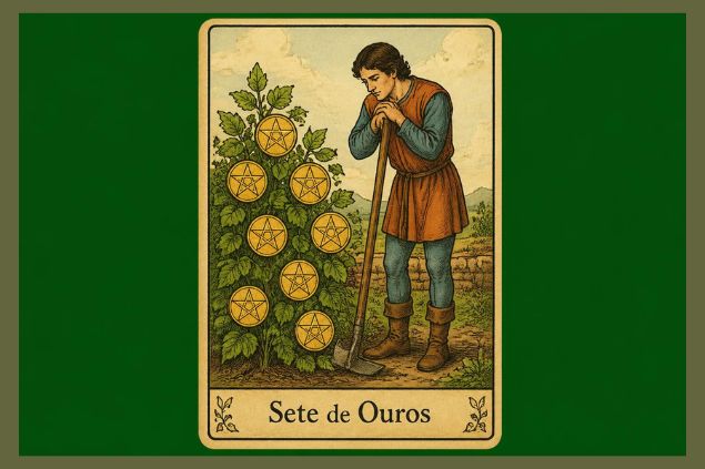 Imagem da carta do Sete de Ouros, onde uma pessoa observa uma planta na qual crescem moedas. 
