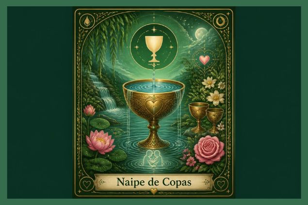 Imagem da carta do Naipe de Copas, destacando taças, água corrente, rios, flores e outros elementos que representam sentimentos, intuição, sensibilidade e vínculos afetivos. 