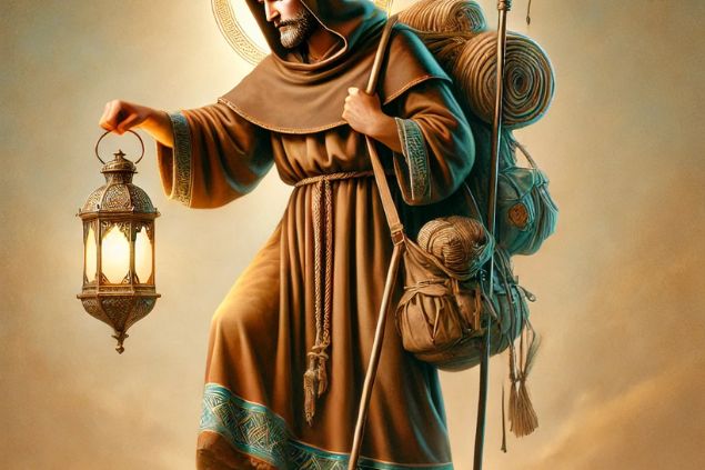 Imagem de São Longuinho carregando uma lanterna em uma das mãos.