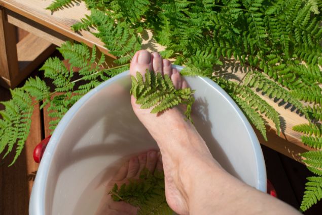 Imagem de um pé dentro de uma bacia. A pessoa está fazendo um banho com ervas naturais.