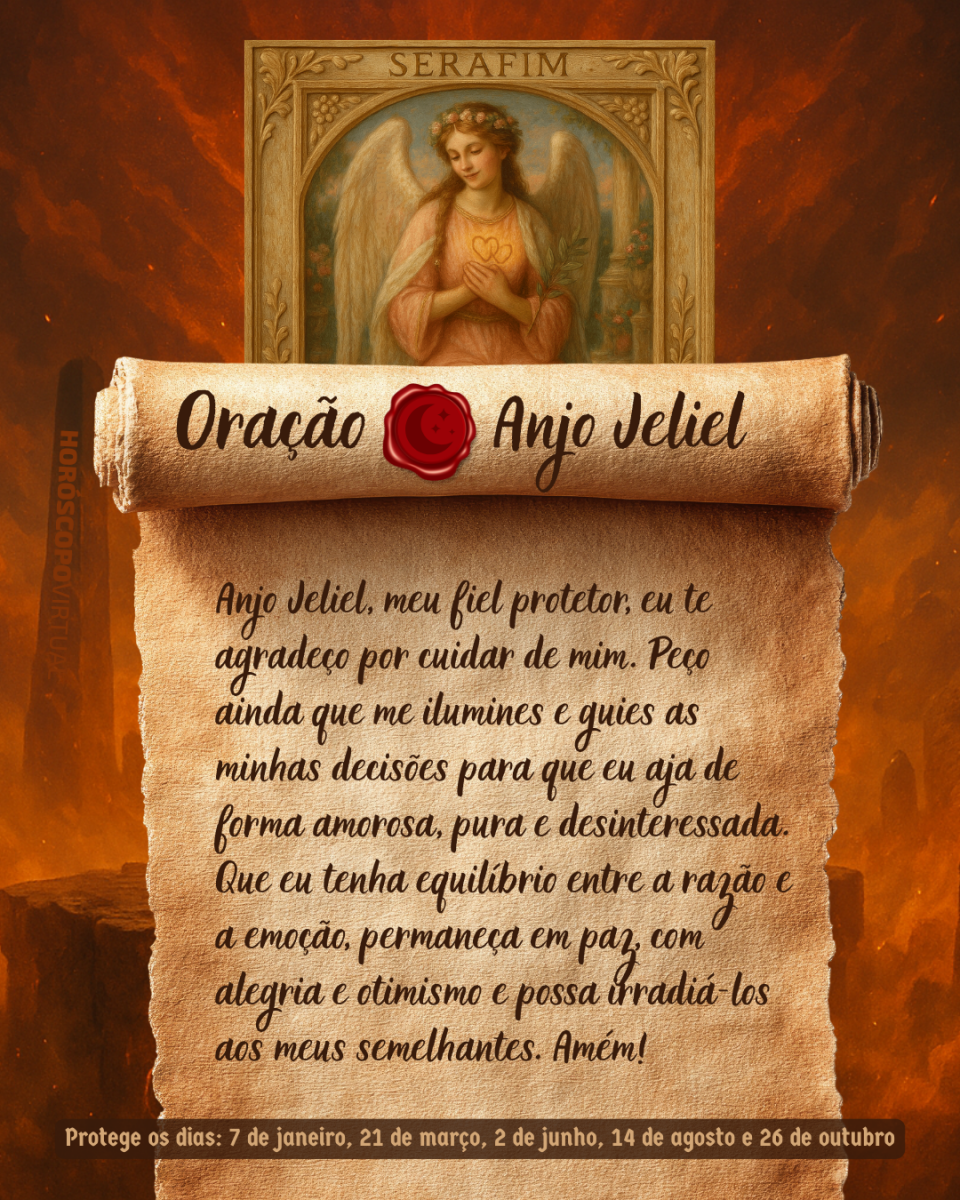 Imagem vertical, com fundo em tons de laranja e marrom. Na parte superior, há um quadro representando um anjo. Um pergaminho antigo ocupa a maior parte da imagem e apresenta o título “Oração Anjo Jeliel” e a oração: 