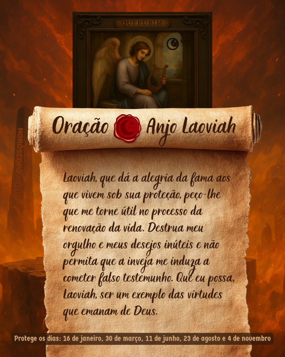 Imagem vertical, com fundo em tons de laranja e marrom. Na parte superior, há um quadro representando um anjo. Um pergaminho antigo ocupa a maior parte da imagem e apresenta o título “Oração Anjo Laoviah” e a oração: 