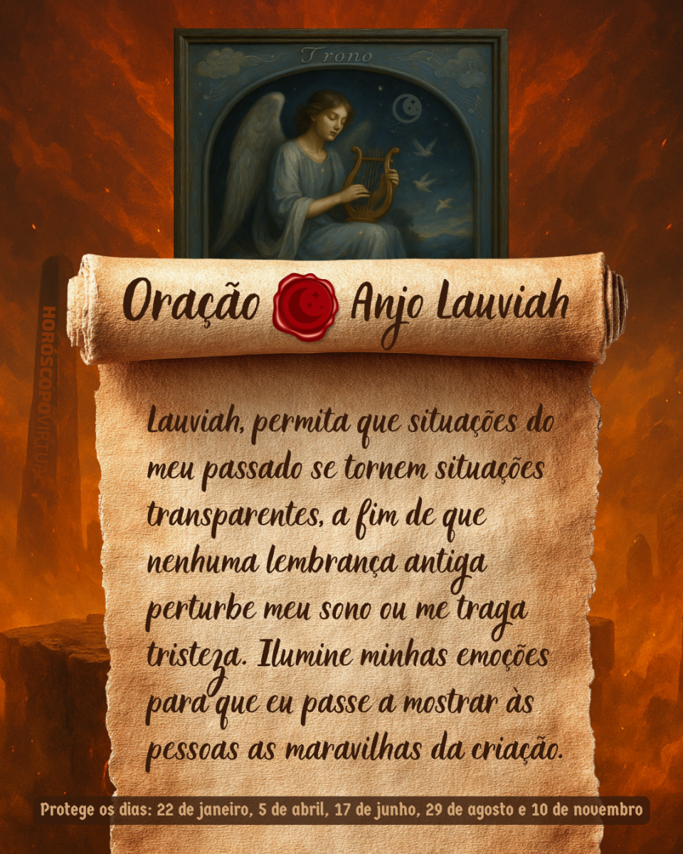 HORÓSCOPO ViRTUaL / Canva Imagem vertical, com fundo em tons de laranja e marrom. Na parte superior, há um quadro representando um anjo. Um pergaminho antigo ocupa a maior parte da imagem e apresenta o título “Oração Anjo Lauviah” e a oração: