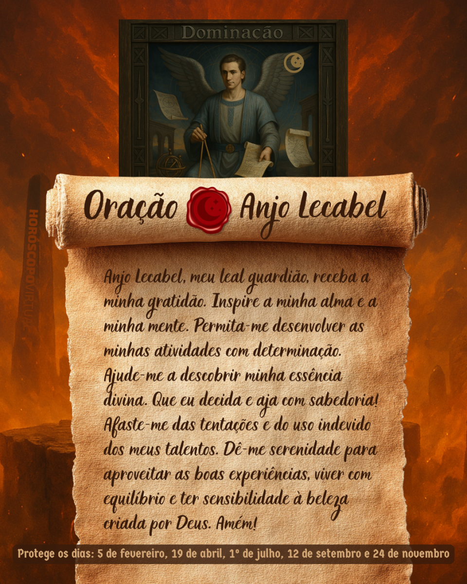 Imagem vertical, com fundo em tons de laranja e marrom. Na parte superior, há um quadro representando um anjo. Um pergaminho antigo ocupa a maior parte da imagem e apresenta o título “Oração Anjo Lecabel” e a oração: 
