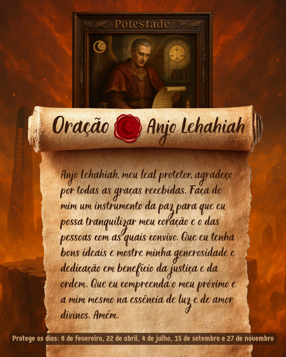 Imagem vertical, com fundo em tons de laranja e marrom. Na parte superior, há um quadro representando um anjo. Um pergaminho antigo ocupa a maior parte da imagem e apresenta o título “Oração Anjo Lehahiah” e a oração: 