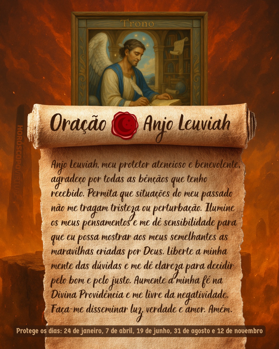 Imagem vertical, com fundo em tons de laranja e marrom. Na parte superior, há um quadro representando um anjo. Um pergaminho antigo ocupa a maior parte da imagem e apresenta o título “Oração Anjo Leuviah” e a oração: 