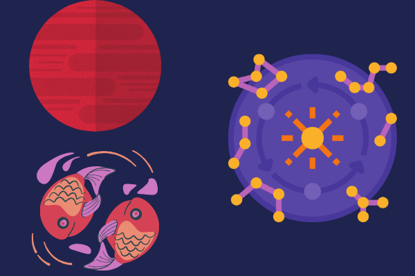 Ilustração de marte, símbolo de peixes e mapa astral