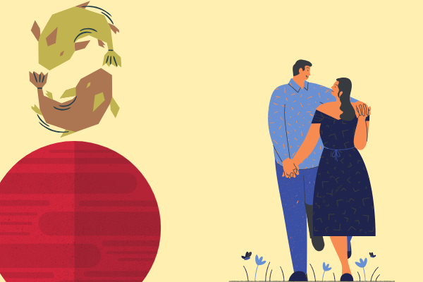 Ilustração de signo de peixes, marte e casal caminhando
