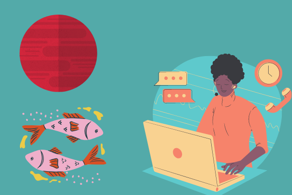 Ilustração de mulher trabalhando com símbolo de signo de peixes e planeta marte