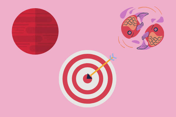 Ilustração de marte, símbolo de peixes e alvo com flecha no meio