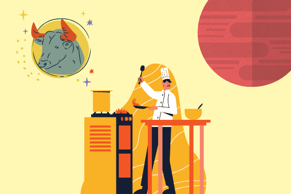 Ilustrção de touro, homem trabalhando e planeta marte