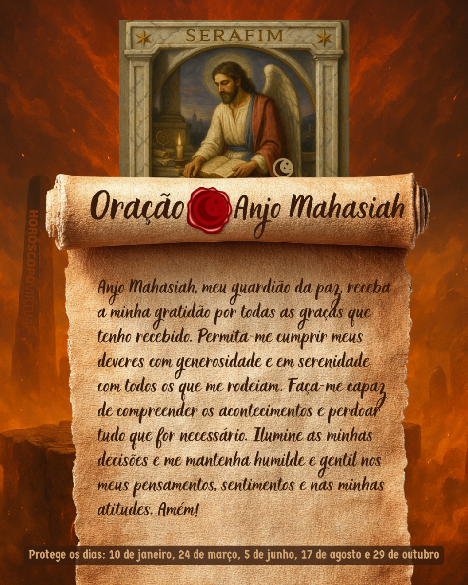 Imagem vertical, com fundo em tons de laranja e marrom. Na parte superior, há um quadro representando um anjo. Um pergaminho antigo ocupa a maior parte da imagem e apresenta o título “Oração Anjo Mahasiah” e a oração: 