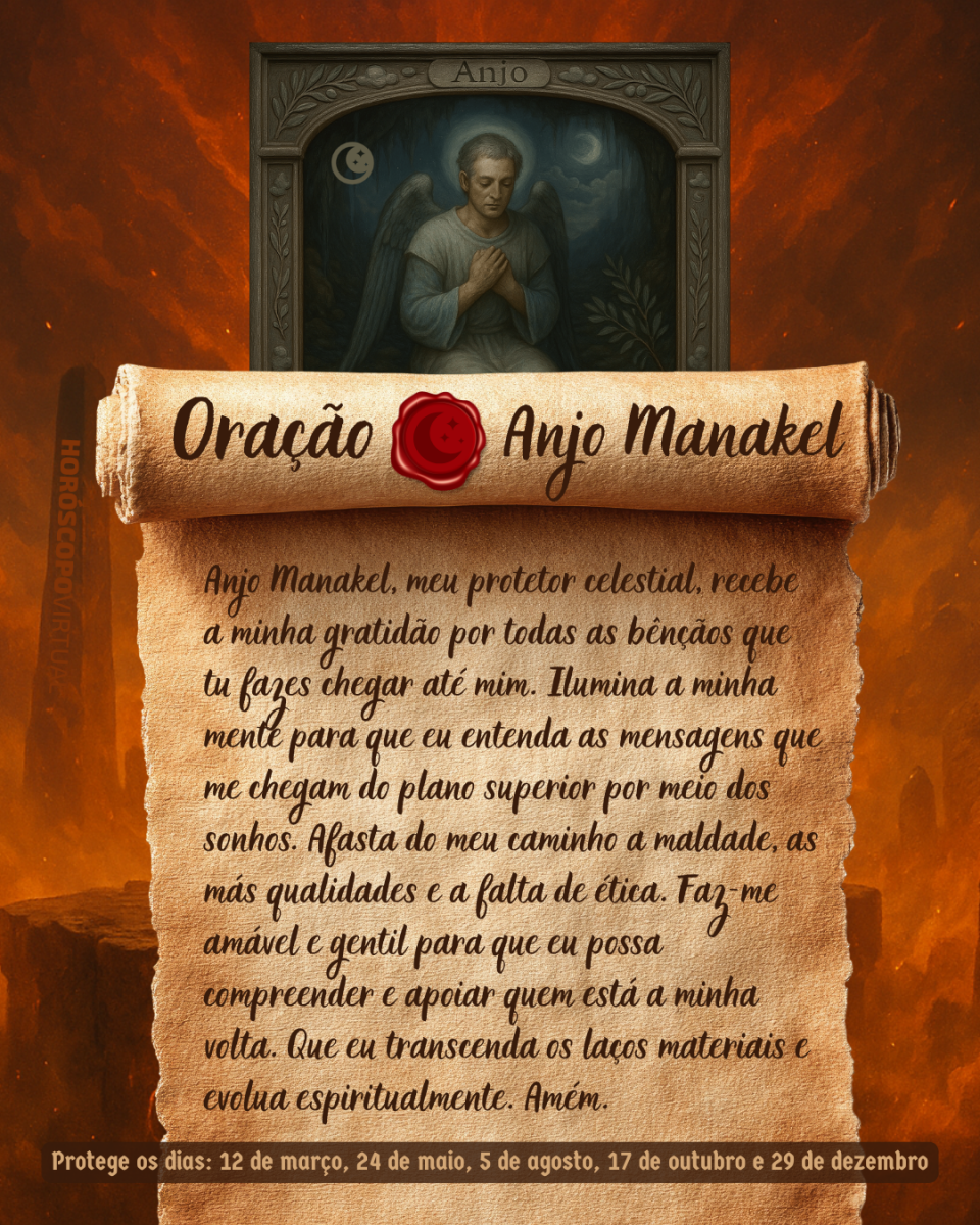 Imagem vertical, com fundo em tons de laranja e marrom. Na parte superior, há um quadro representando um anjo. Um pergaminho antigo ocupa a maior parte da imagem e apresenta o título “Oração Anjo Manakel” e a oração: 