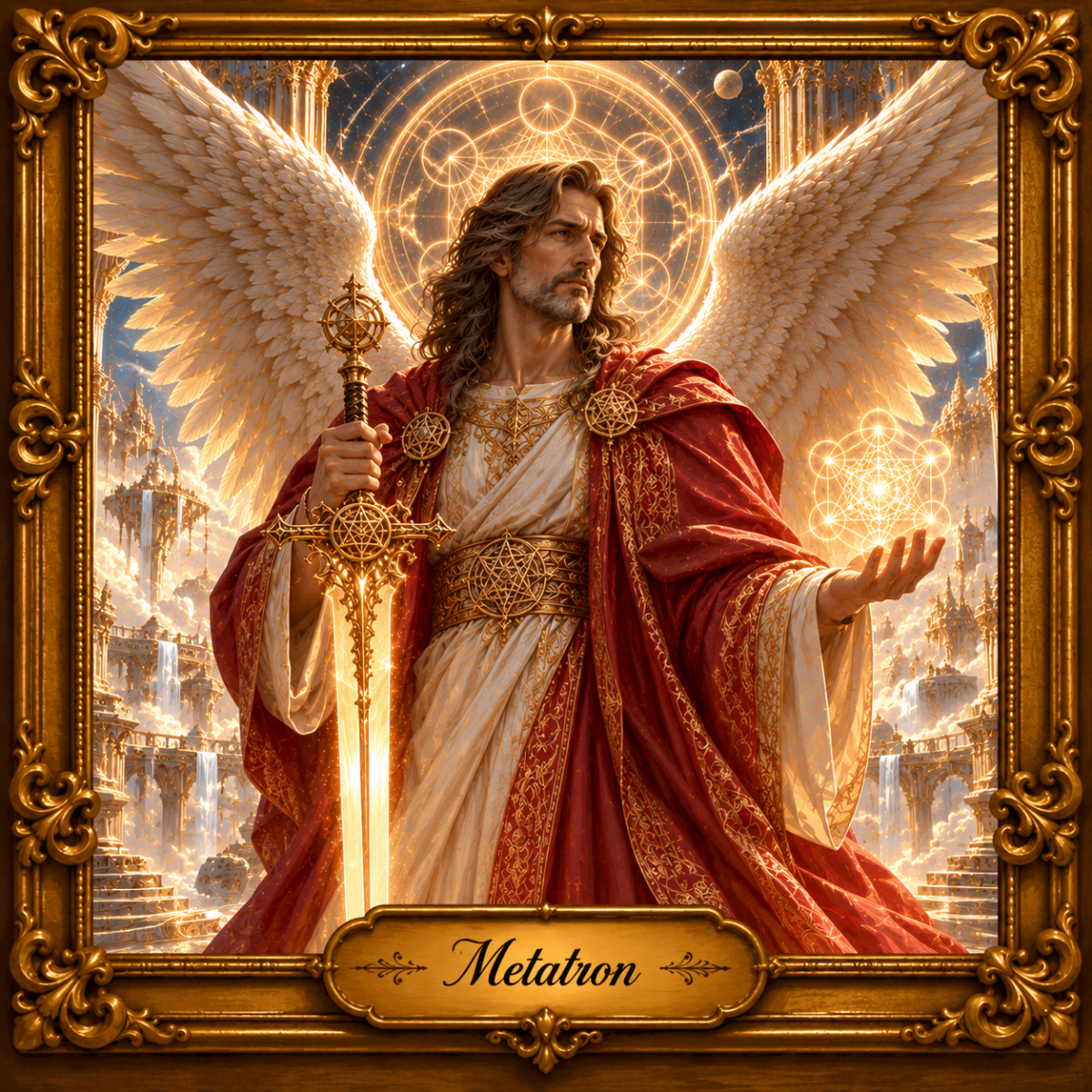 HORÓSCOPO ViRTUaL Arcanjo Metatron com cabelos castanhos, túnica clara, manto vermelho e asas brancas, segurando uma espada e um cubo de geometria sagrada em um cenário celestial dourado.