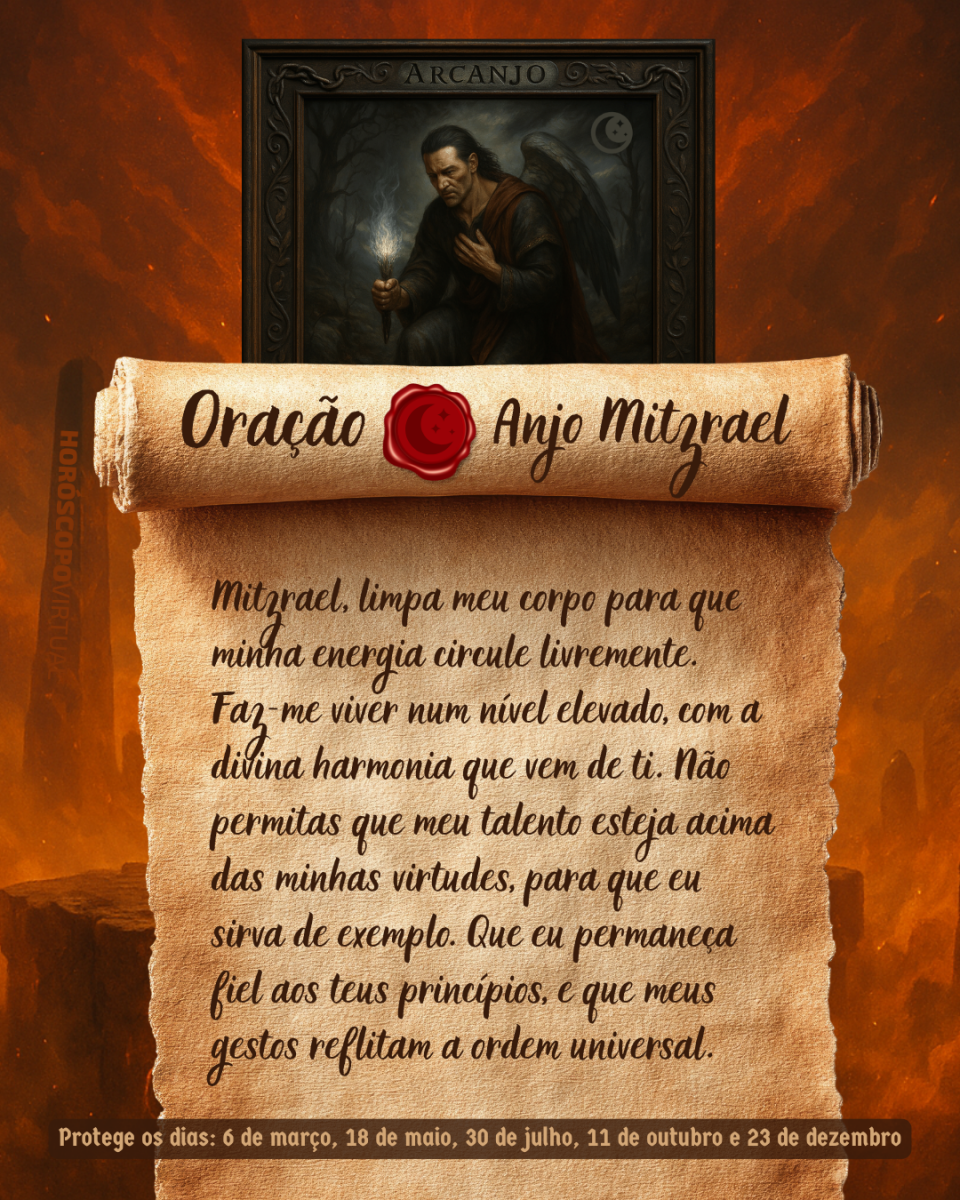 Imagem vertical, com fundo em tons de laranja e marrom. Na parte superior, há um quadro representando um anjo. Um pergaminho antigo ocupa a maior parte da imagem e apresenta o título “Oração Anjo Mitzrael” e a oração: 