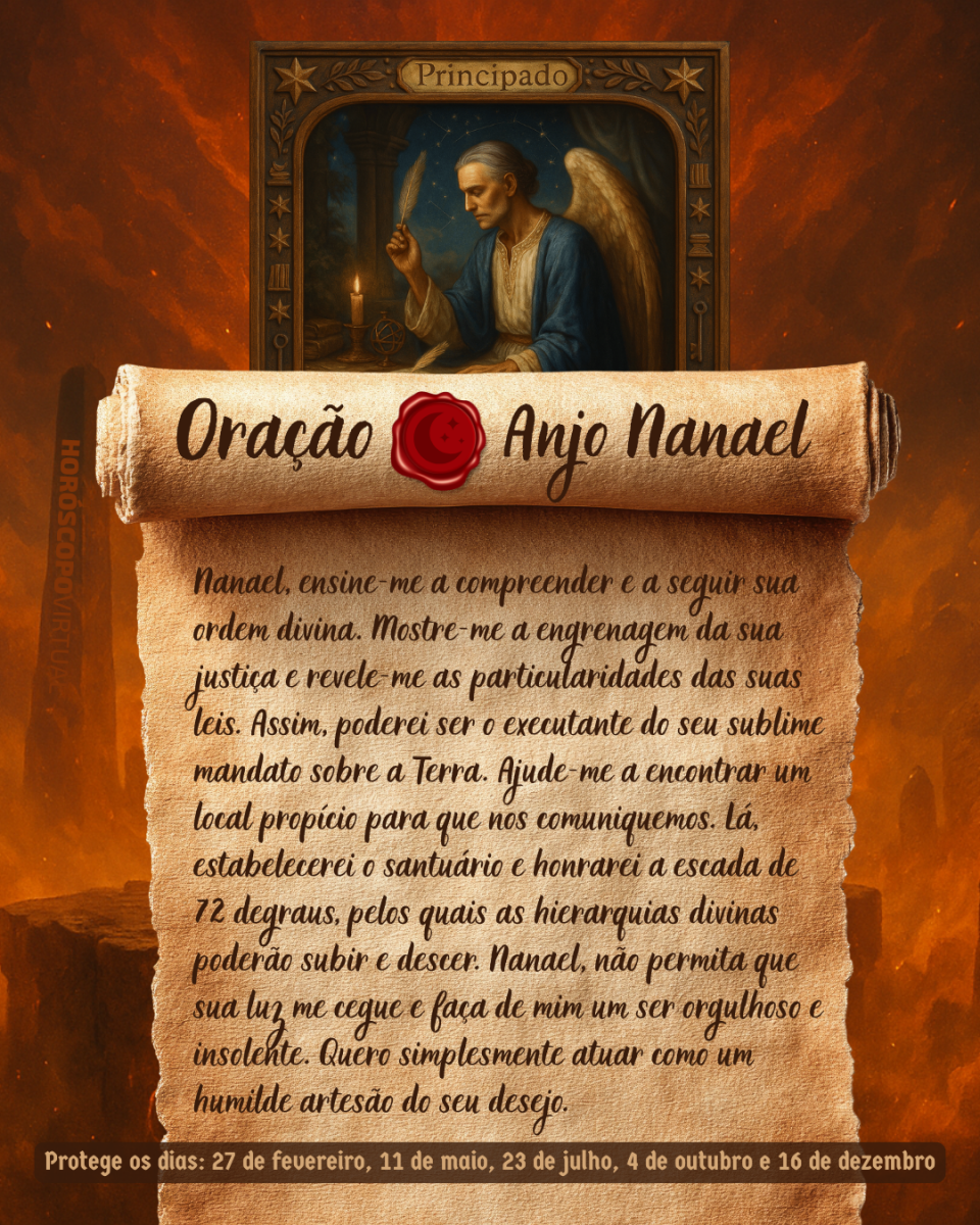 Imagem vertical, com fundo em tons de laranja e marrom. Na parte superior, há um quadro representando um anjo. Um pergaminho antigo ocupa a maior parte da imagem e apresenta o título “Oração Anjo Nanael” e a oração: 